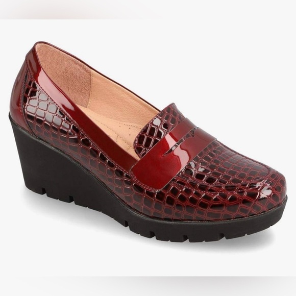 Burgundy Wine Red Loafers Patent Leather Comfortable Wedge Loafers Work Manet - Picture 4 of 9